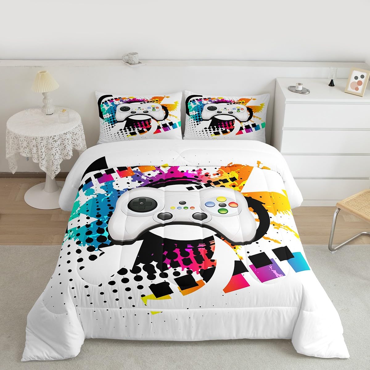 Kids Gaming Comforter Set Queen Gamer Bedding Set, Modern Console Game Controller Duvet Set For Boys Girls Teens, White Gamepad Quilt Set, Tie Dye Colorful Comforter Set Grey White Soft Bedding Set