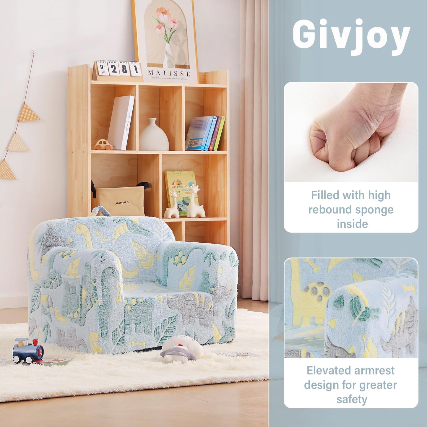 Givjoy Toddler Chair Plush Kids Couch, Comfy Glow in The Dark Dinosaur Chair with Removable and Washable Cover Carrying Handle Kids Sofa, Convertible Toddler Couch for Playroom Girls and Boys Green