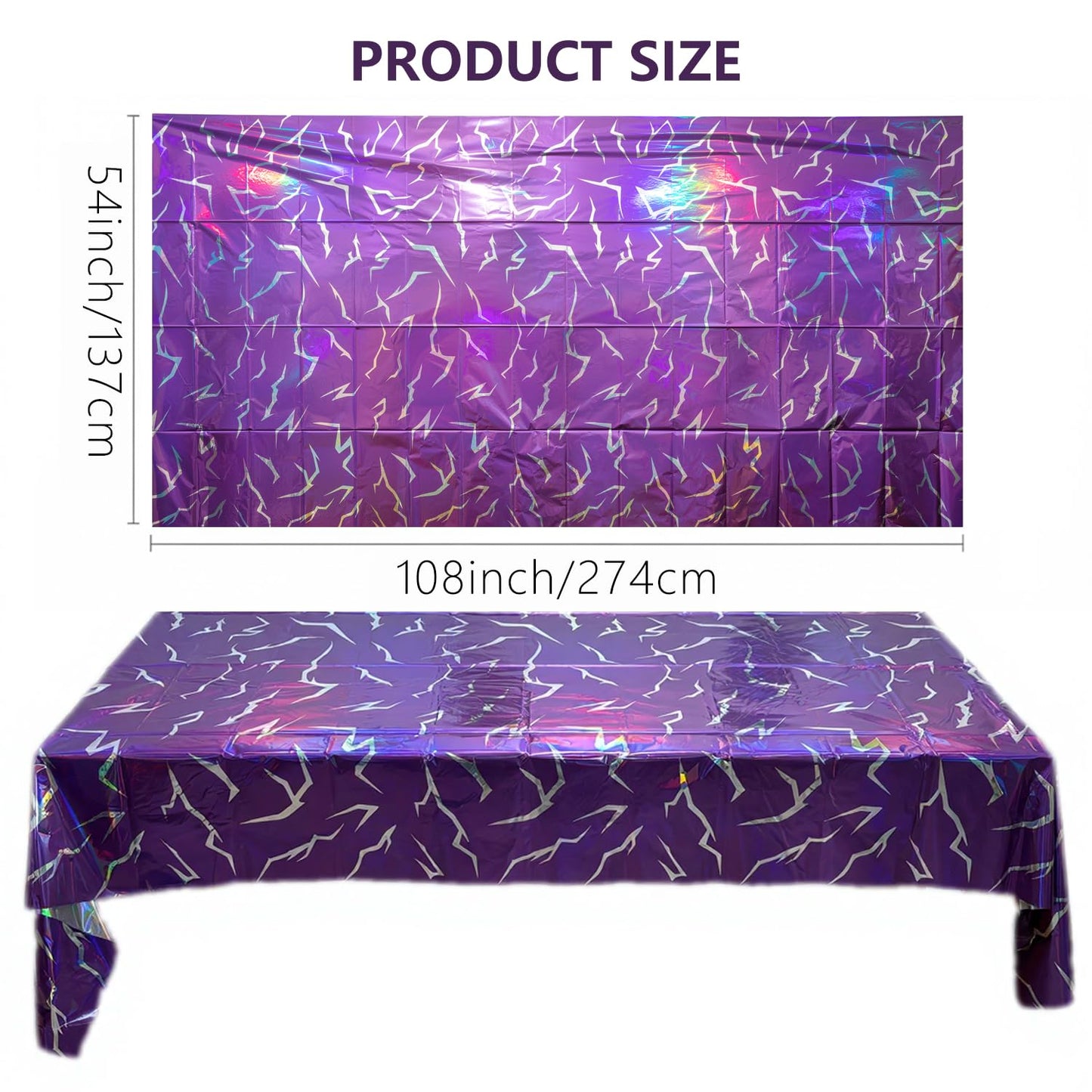 K-Style Birthday Decorations Iridescent Holographic Laser Tablecloth 2 Pack Purple Lightning Pattern Disposable Waterproof Plastic Table Covers for Girls Disco Bachelorette Party Supplies, 54x108 Inch