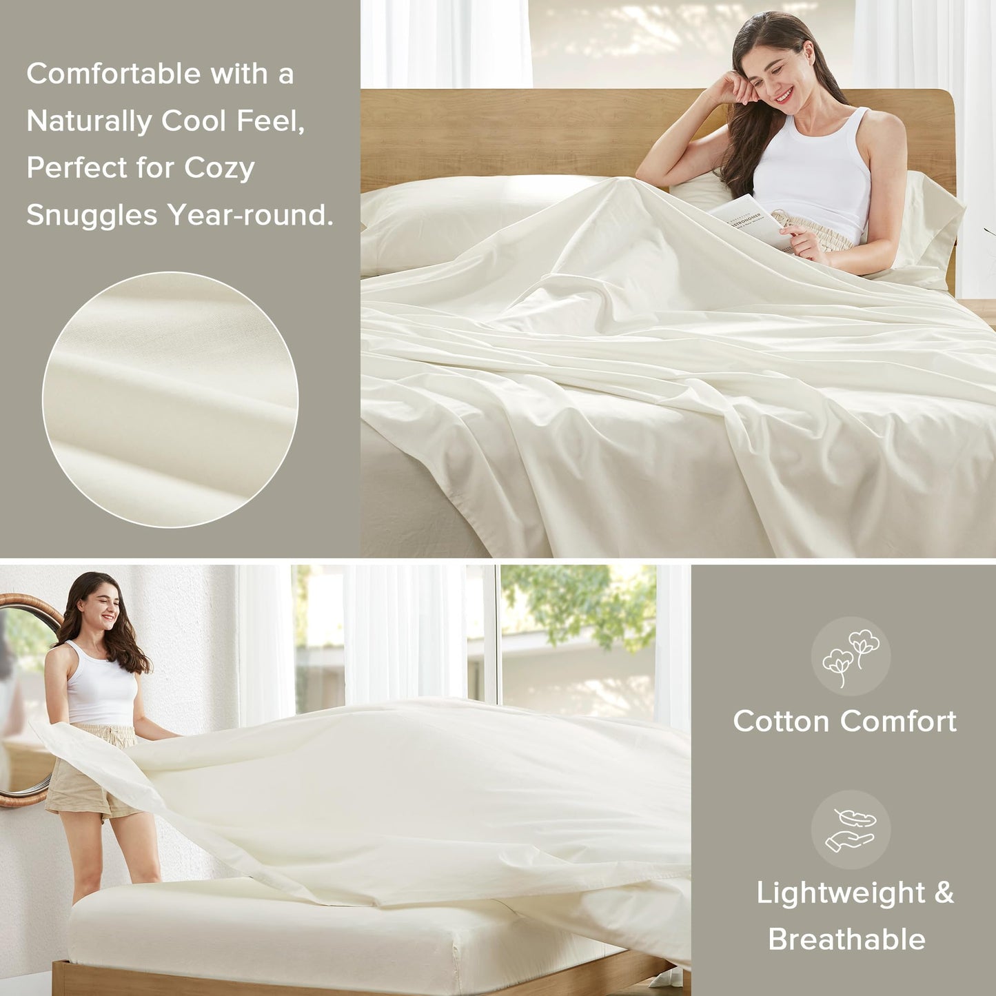 Comfort Spaces 100% Cotton Sheets Full, Breathable & Ultra Soft Cotton Sheets, Naturally Cool Cotton Bed Sheets with 14" Elastic Pocket Fits up to 16" Mattress, All Season Sheet Set, Ivory 4 Piece