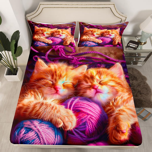 jejeloiu Cats Print Fitted Sheet with 1 Pillowcase Twin Size Purple Bed Sheets Set 16" Deep Pocket Boys Girls Cute Kitten Bedding Animal Teens Bedroom Decor Breathable Lightweight Microfiber