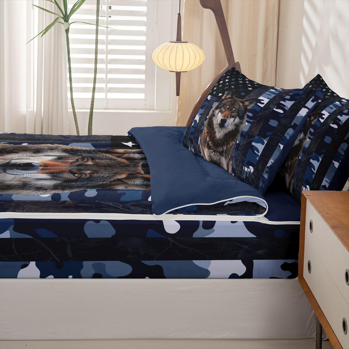 jejeloiu Wolf Hunting Camo Twin Zipper Bedding Set Rustic Western Wolf Kids Comforter Set with Fitted Sheet and 2 Pillowcases American Flag Bed in a Bag Zip Up Bedding Soft Microfiber