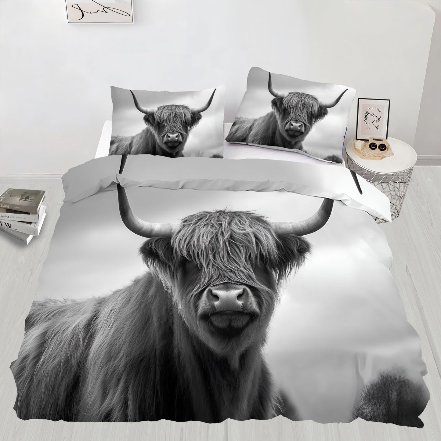 PAISUOQ Farmhouse Cow Bedding, Highland Cattle Duvet Cover Full, Western Animal Comforter Cover with Zipper Ties, 3 Pieces with 2 Pillowcases, Home Decor & Gifts