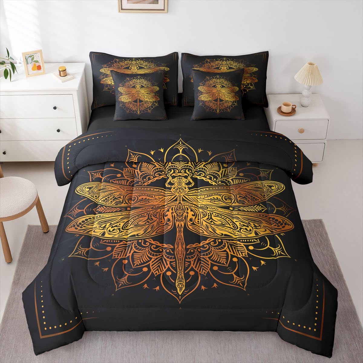 Erosebridal Gold Dragonfly Comforter Set Mandala Bed in A Bag King Size 7 Pieces Boho Bed Set Room Decor Exotic Style Bedding with Sheets