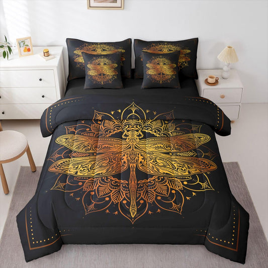 Erosebridal Gold Dragonfly Comforter Set Mandala Bed in A Bag King Size 7 Pieces Boho Bed Set Room Decor Exotic Style Bedding with Sheets