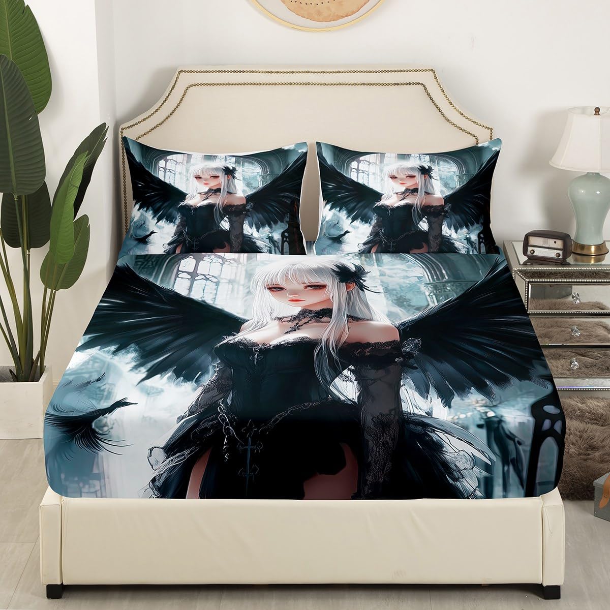 Erosebridal Anime Girl Bed Sheets Queen Size, Kawaii Japanese Anime Fitted Sheet for Kids Boys Teens Adult, Cartoon Girl Bedding Set Japan Animation Bedroom, Machine Washable, Black White
