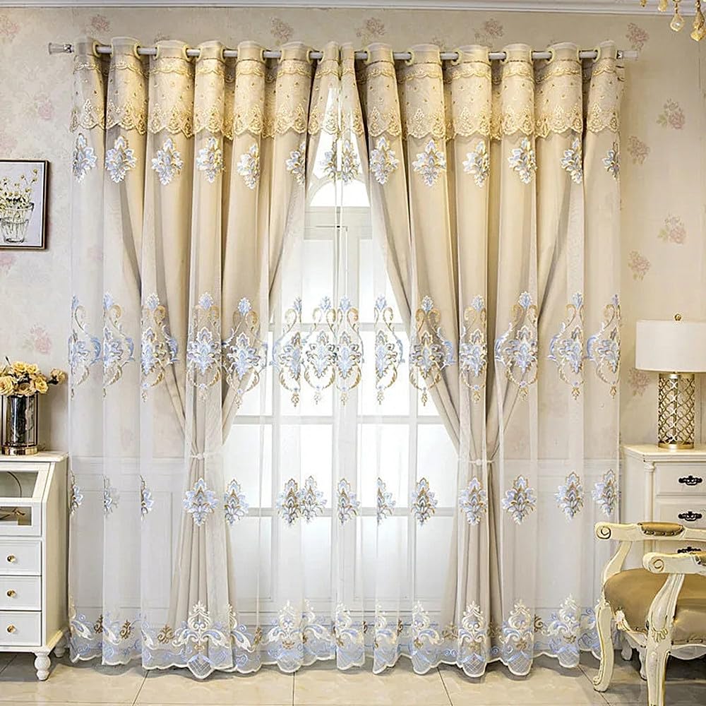 Amidoudou 1 Pair European Double Layer Curtains with Valances for Living Room Luxury Jacquard Curtains for Bedroom (Beige,54x90 Inch)