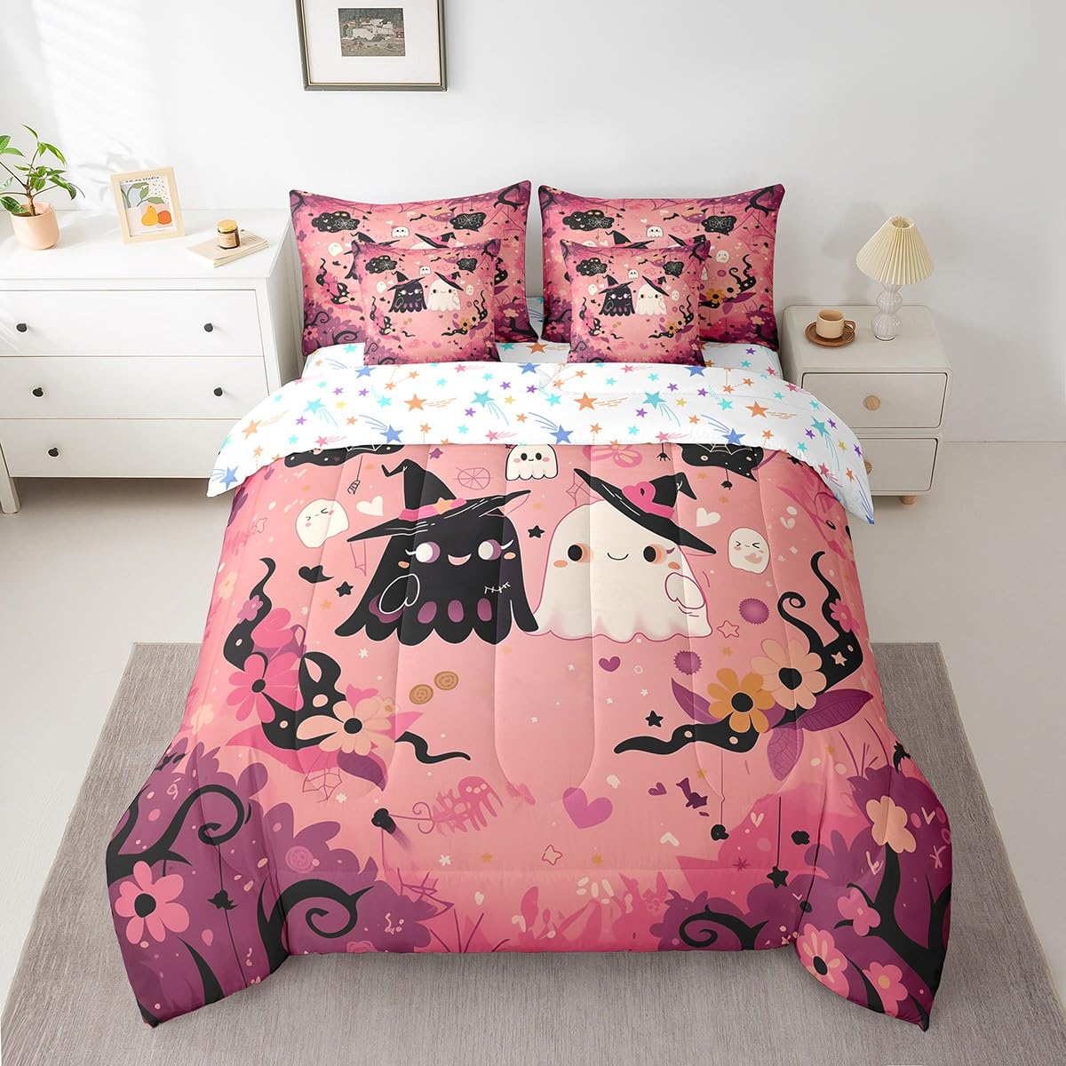 Feelyou Happy Halloween 7 Piece Bedding Set Twin Size Cute Ghost Groovy Bed in a Bag for Kids Boys Girls Teens Pink Sweet Comforter Set with Sheets Spiderweb Bed Set