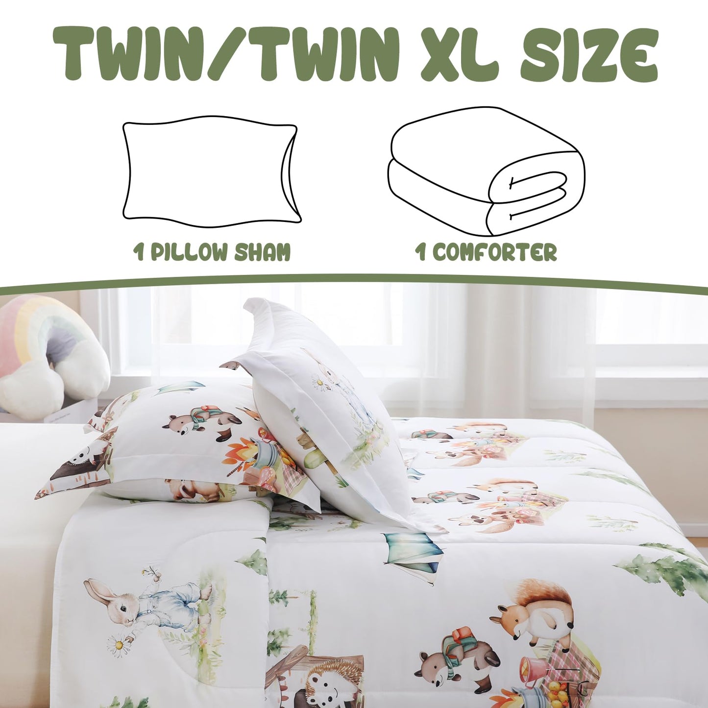 Yibeizi Camper Themed Comforter Set Twin, Kids Woodland Animals Printed Bedding Set with Pillow Sham, Cute Lightweight Soft Breathable Machine Washable Quilted Bed Comforter Set 2 Piece
