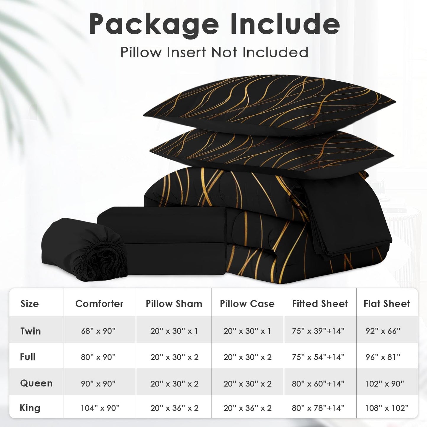 Boewywh Comforter Set Twin Size Gold Black Abstract 7 Pcs, Bedding for Kids and Adults, Bed Sheet Sets with Fitted Sheet 2 Pillowcases & 2 Shams for Bedroom Bed Decor