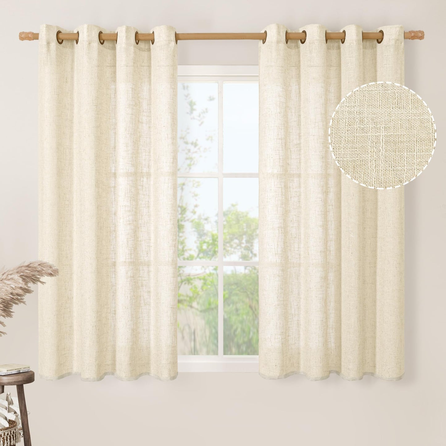 LAMIT Beige Linen Curtains 54 Inches Long for Bedroom, Semi Sheer Neutral Faux Linen Textured Window Light Filtering Panels with Bronze Grommet for Kitchen,2 Panels Set, 52 X 54 Inch