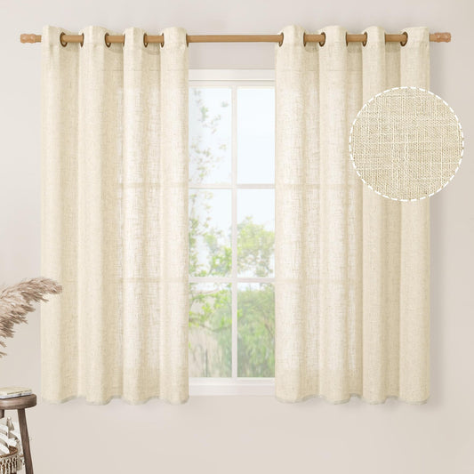 LAMIT Beige Linen Curtains 54 Inches Long for Bedroom, Semi Sheer Neutral Faux Linen Textured Window Light Filtering Panels with Bronze Grommet for Kitchen,2 Panels Set, 52 X 54 Inch