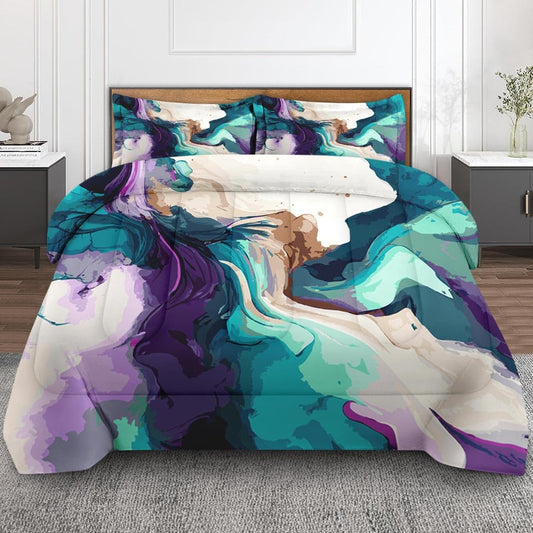 Culudea Marble Colorful Comforter Set Queen Size Purple Green Gold Stone Multicolored Includes Comforter & Pillowcase Bedding for All Seasons Kids and Adults Bedroom Bed Decor