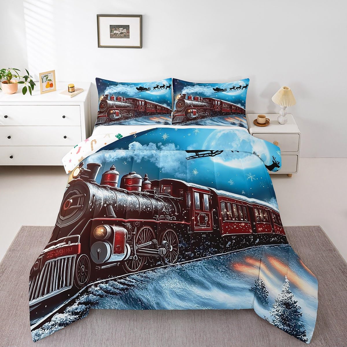 Erosebridal Kids Steam Train Comforter Set Twin,Christmas Santa Claus Deer Bedding Set Xmas Gifts for Boys Girls,Winter Snowflake Quilt Bed Set Vehicle Trains Bed Comforter Sets 2Pcs Room Decor