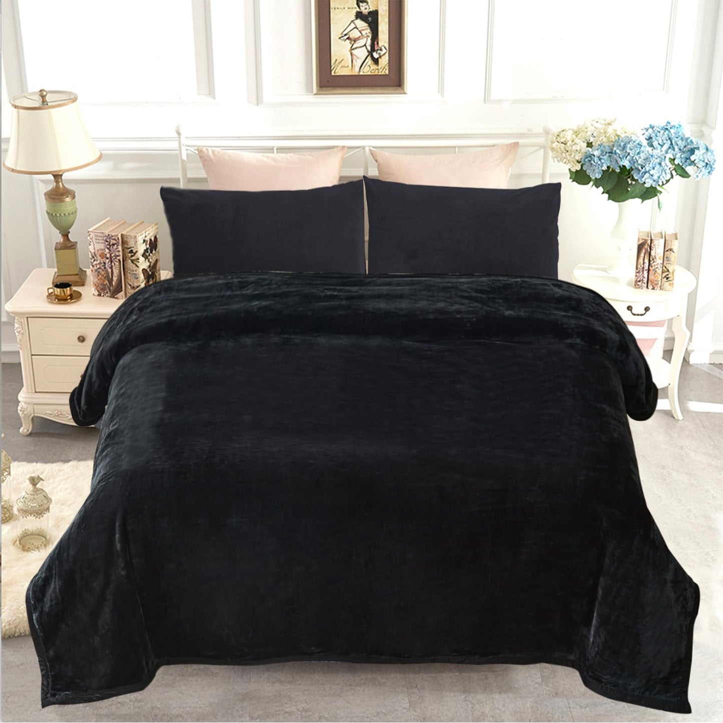 JYK Fleece Plush Blanket - 3.5 LB, 1 Ply Lightweight Korean Style Mink Blanket, Queen 79" x 91" - Super Soft, Warm & Cozy, Microfiber Bed Blanket for All Seasons, Black