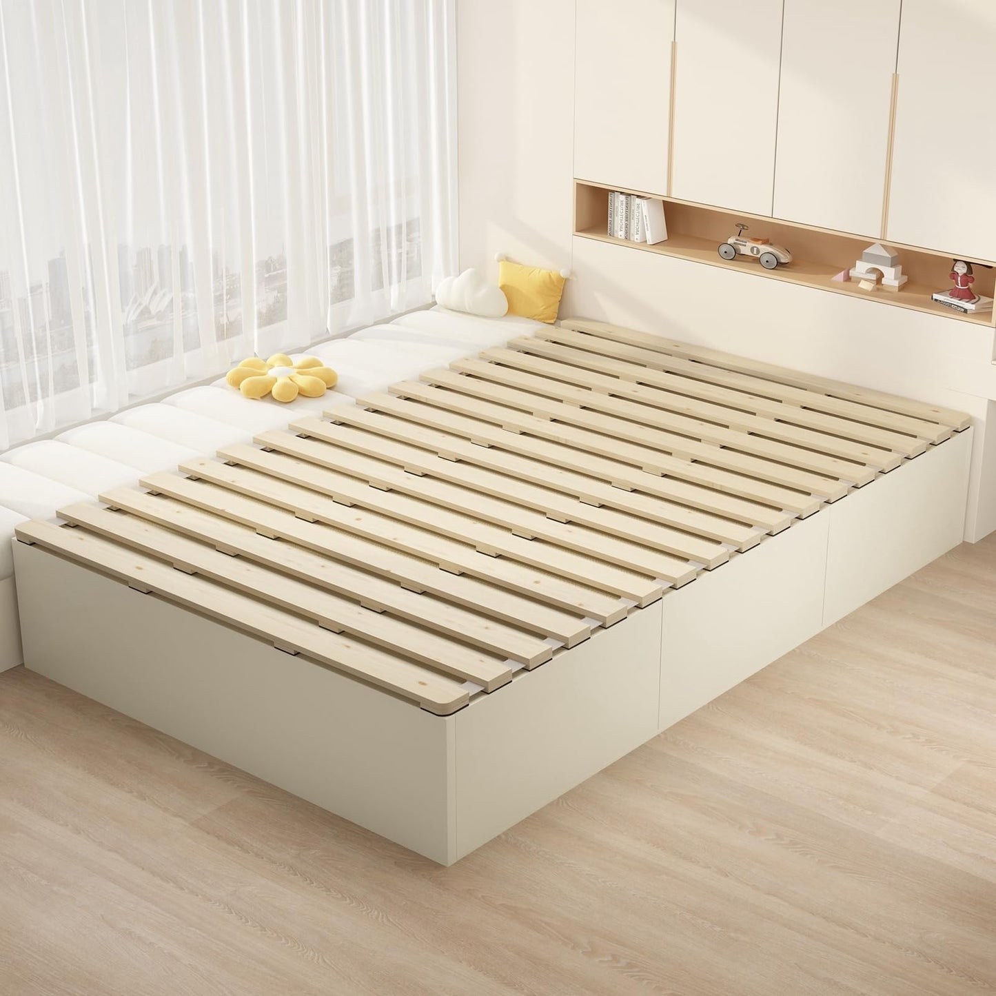 LOBOTOU Floor Bed Frame Japanese Futon Tatami Mat Breathable and Moisture-Proof, The Support Board Under The Mattress (Queen)