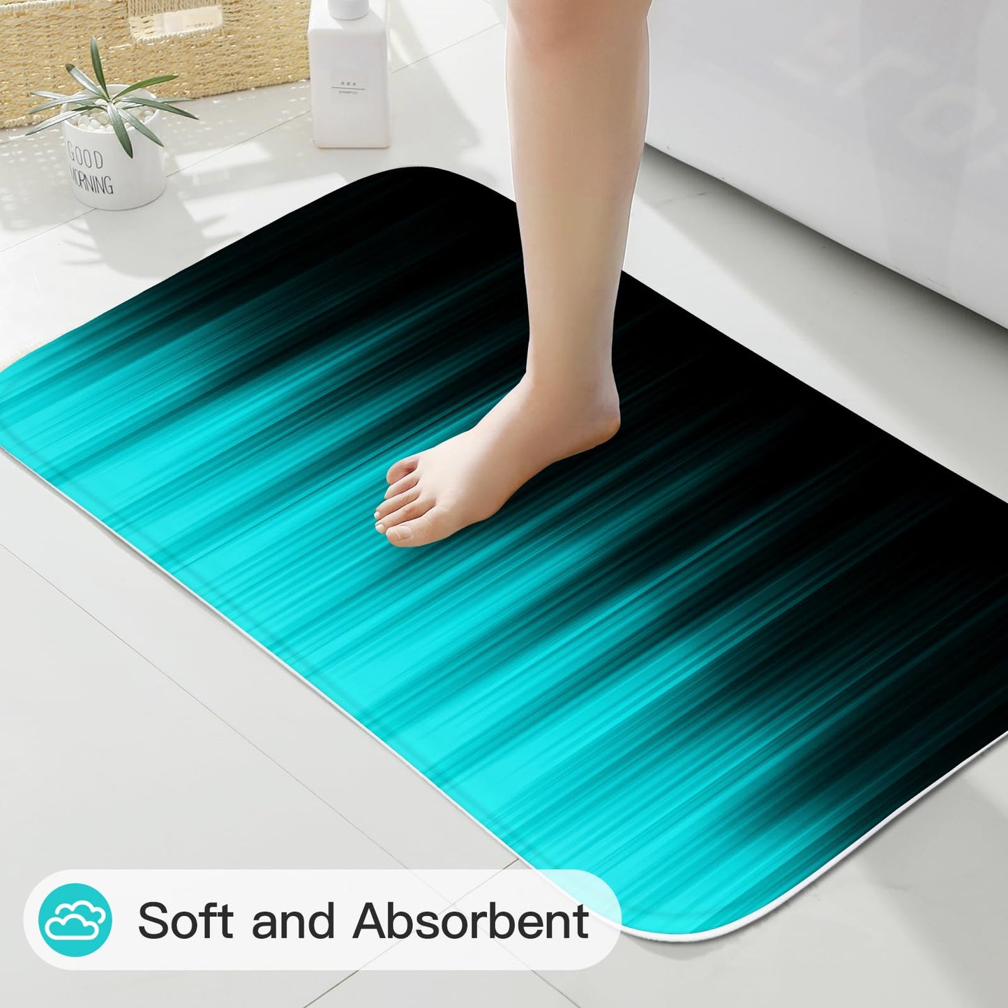 Litabel 4 Pcs Teal and Black Gradient Shower Curtain Set with Rugs and Toilet Lid Cover, Modern Simple Waterproof Fabric Bathroom Set, Ombre Stripe Gothic Abstract Bathroom Decor Set Accessories