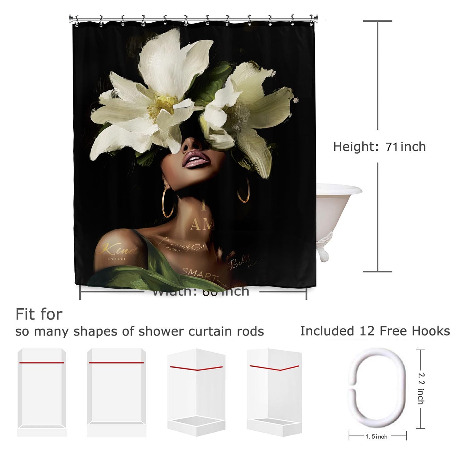Yookeb African American Bathroom Shower Curtain 60W by 71H Inch Black Woman Girl Sexy Inspirational Motivational Positive Olive Green Polyester Fabric 12 Plastic Hooks Waterproof Decor
