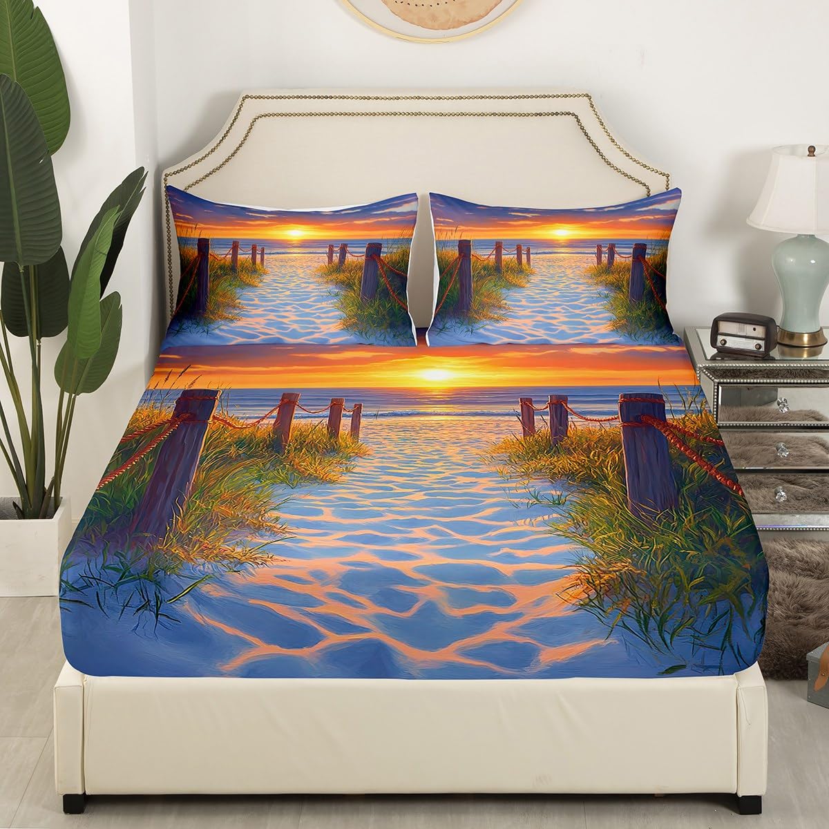 jejeloiu Beach Theme Fitted Sheet Full Size Kids Wood Green Plants Sunset Bed Sheets Set for Boys Girls Teens Sea Ocean Wave Summer Coastal Natural Scenery Bedding Set Room Decor