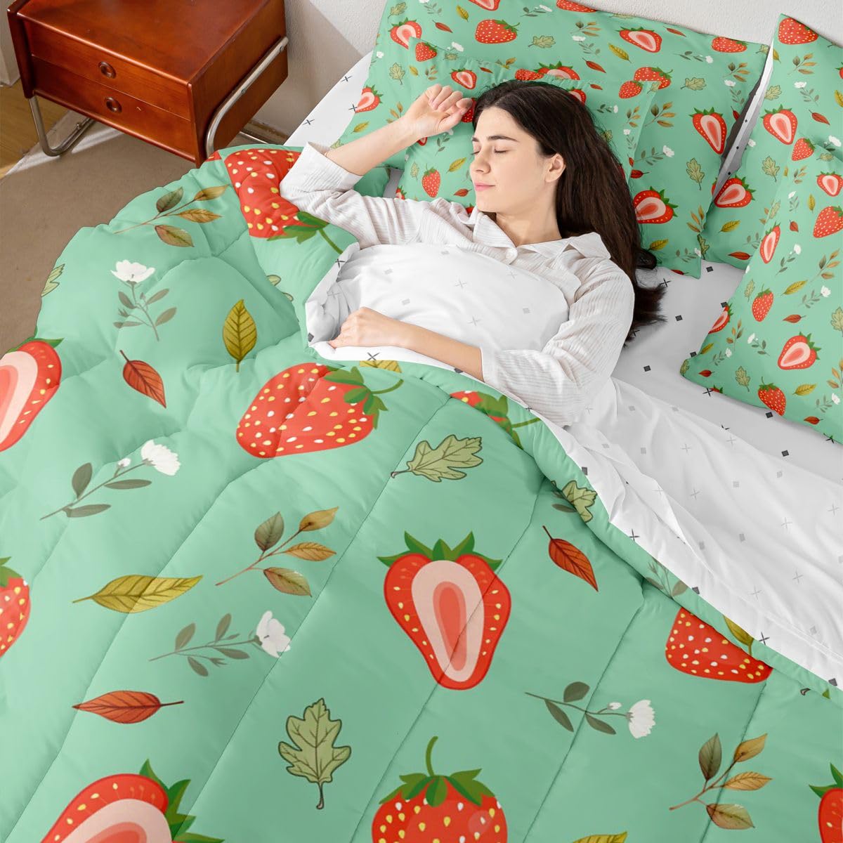 Erosebridal Strawberry 7 Piece Bedding Set Queen Floral Comforter Set with Sheets Plant Leaves Red Cartoon Fruits Bed in a Bag Green Leaf Kawaii Strawberry for Kids Boys Girls