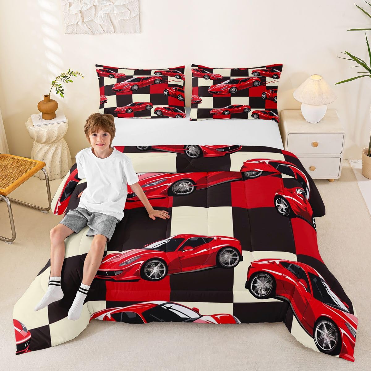 Erosebridal Red Racing Car Full Comforter Set for Boys, Cool Speed Race Car Bedding Set for Kids Youth Men Teens Room Decor, Extreme Sport Comforter, Grid Buffalo Quilt, 3 Piece