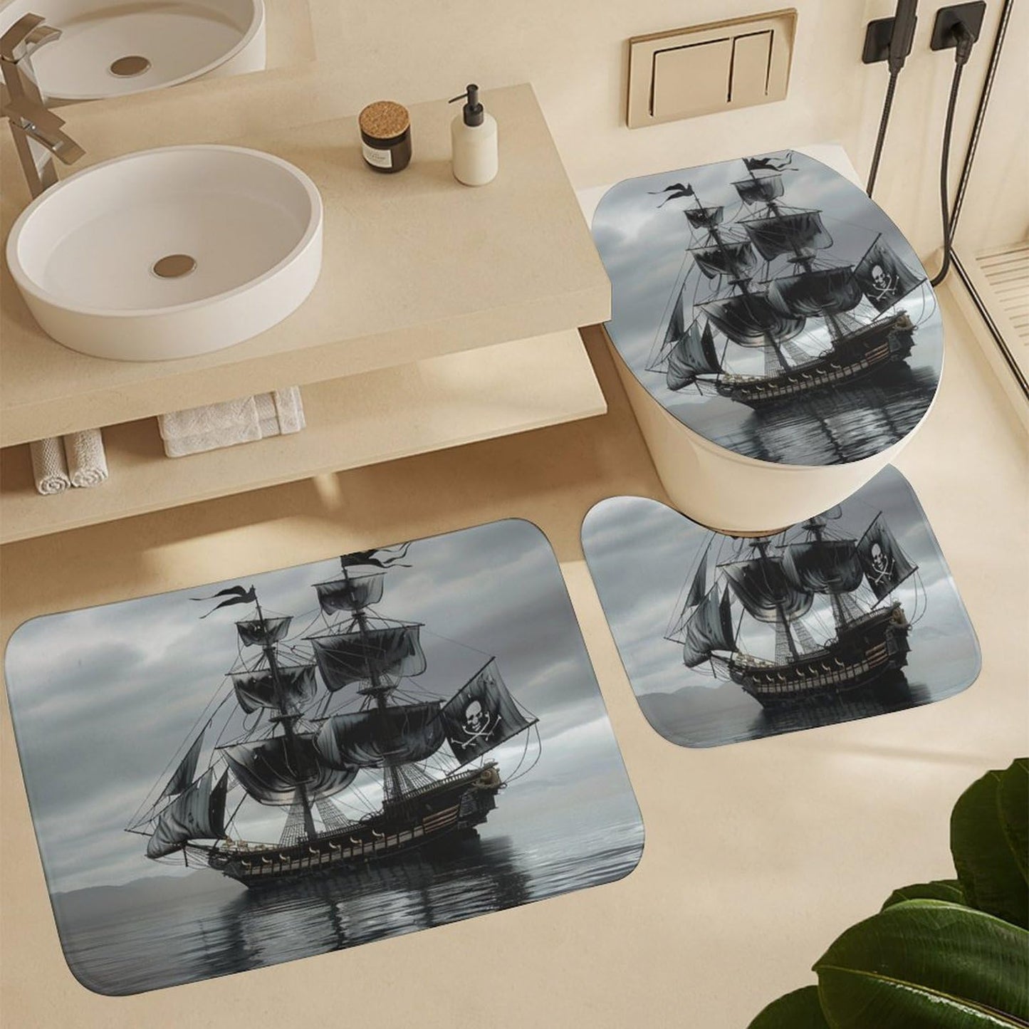 TOWINSFB 4Pcs Pirate Ship Shower Curtain Set with Toilet Lid Cover U-Shaped Mat and Non-Slip Rugs, Nautical Sailboat Ocean Black Shower Curtain Bathroom Decor Set, 72" x 72"