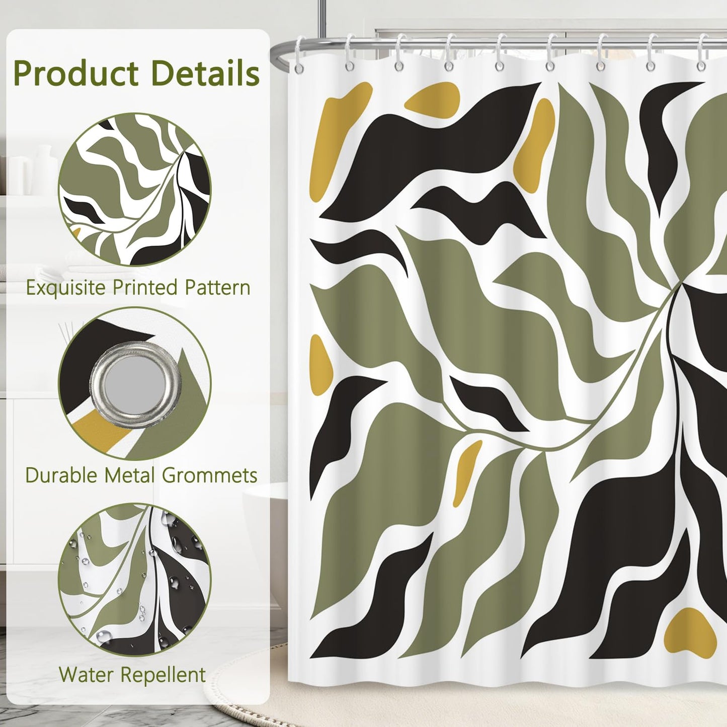 Olive Green and Black Abstract Leaf Shower Curtain, Modern Boho Plant Botanical Pattern Bathroom Curtains, Polyester Fabric Shower Curtain and Weighted Hem, Waterproof Washable with Hooks, 72x72 Inch