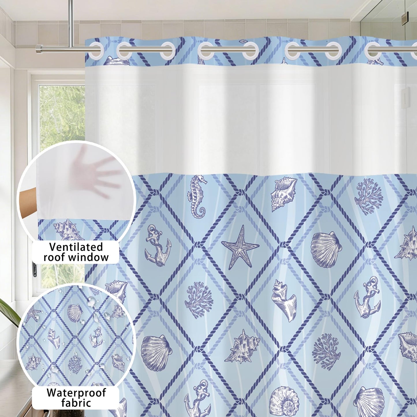 Xiazhilaio No Hook Ocean Shower Curtain with Snap in Liner 71W x 74H