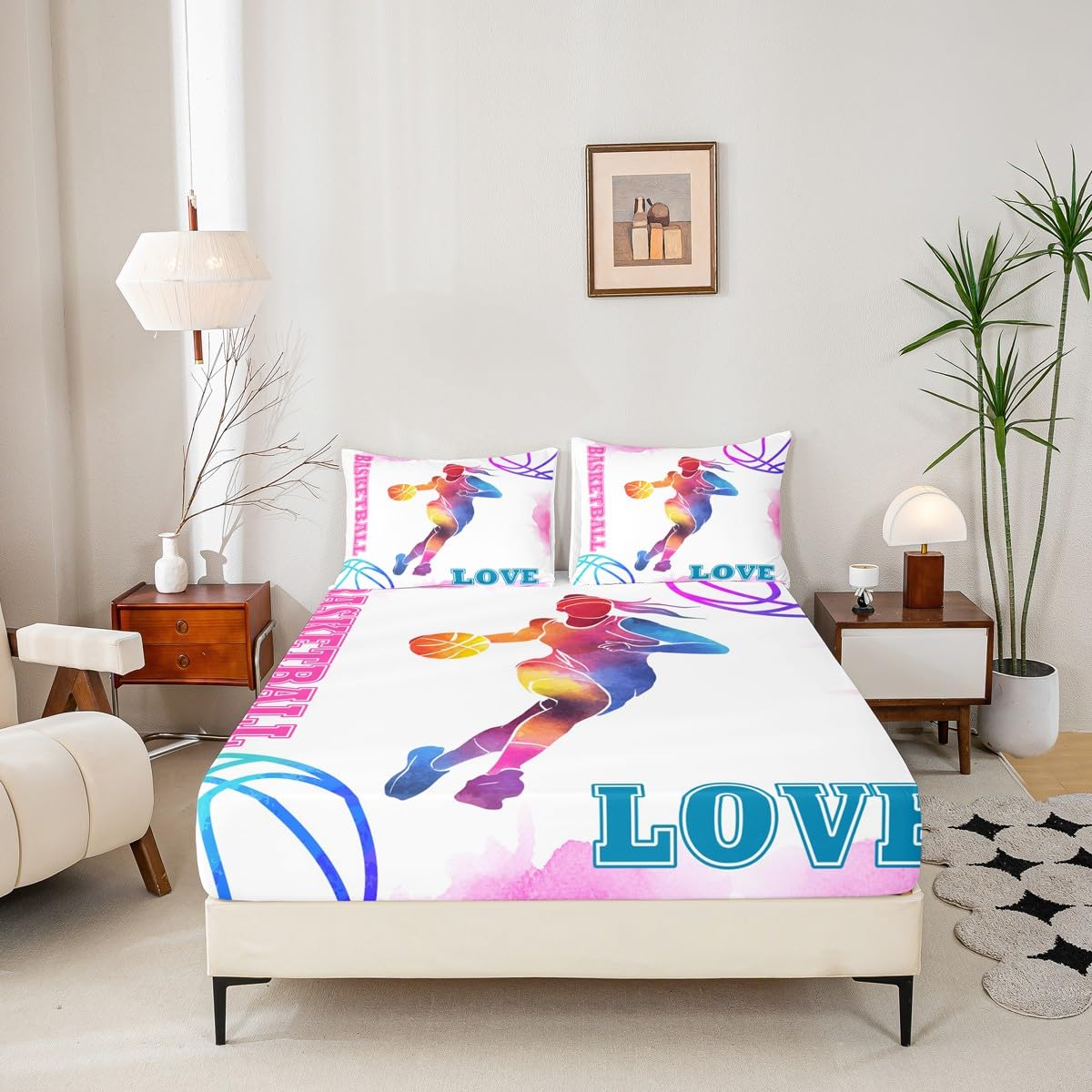 Basketball Lovers Kids Sheet Full Size,Modern Sports Games Competition Bedding Set,Girls Boys Adults Room Decor,Hand Painted Fashion Pink Purple Bed Sheet Set 4pcs(Fitted + Flat + 2 Pillowcases)