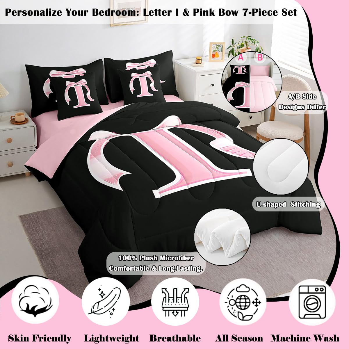 jejeloiu Kids Girls Black Pink Bow Comforter Set with Sheets Twin Size Monogrammed 7 Piece Bedding Set Personalized Initial I Bed in a Bag with Comforter,Sheets,Pillowcases Modern Fashion Bed Set