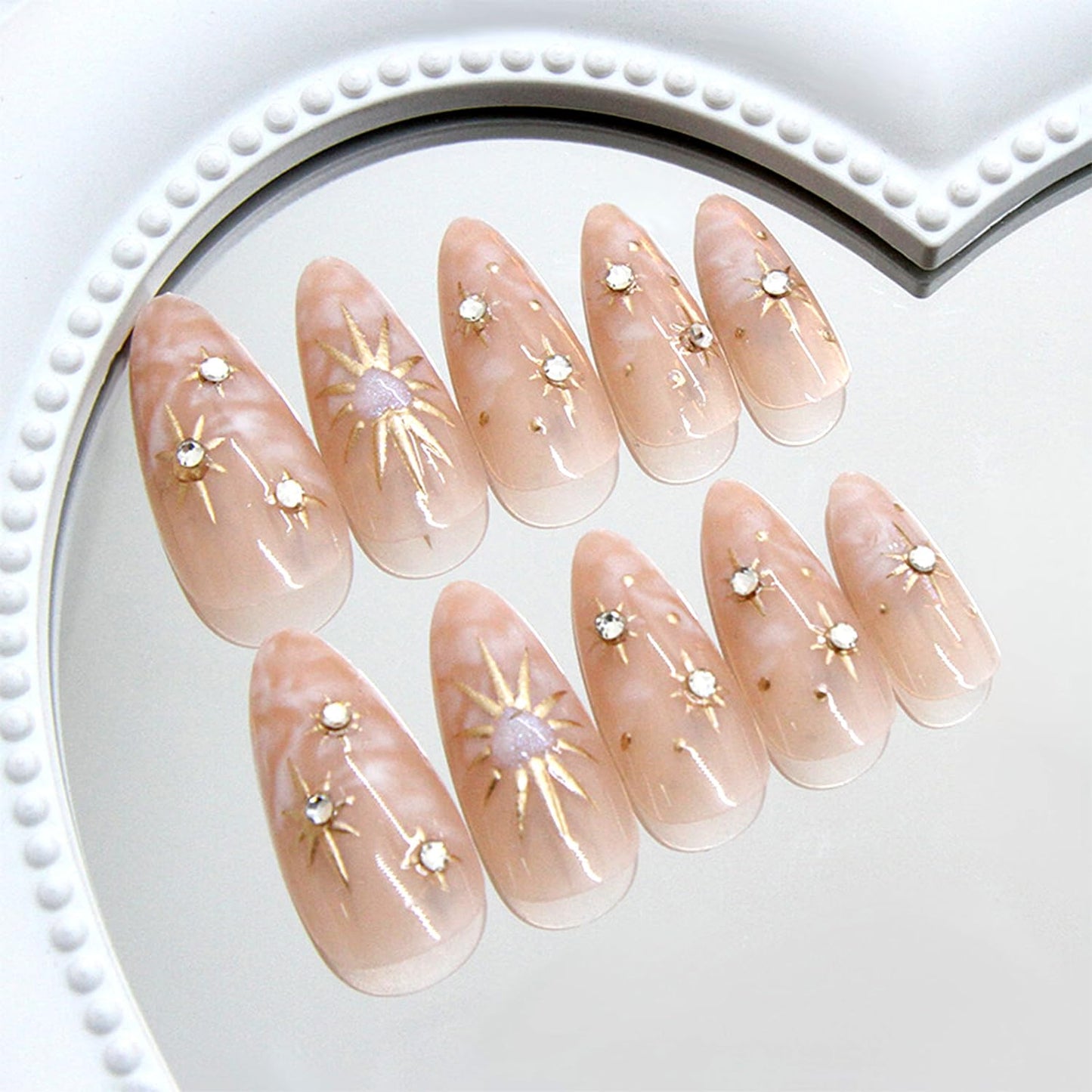 Gold Press on Nails Medium Almond Fake Nails with 3D Star Sun Heart Rhinestones Designs Gradient Glue on Nail Reusable Artificial Acrylic Full Cover Stick on False Nail for Women 24 Pcs