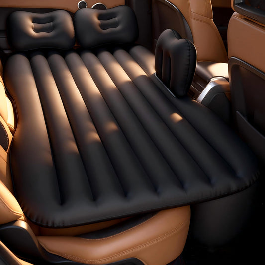 BEBAS Car Air Mattress, Thickened Inflatable Car Bed with Safety Side Wedge, Built-in Air Pump & 4 Pillows – Portable Foldable Back Seat Sleeping Pad for SUVs, Sedans, Travel & Camping | Black