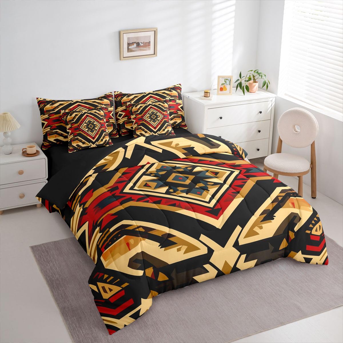 Erosebridal Aztec 7 Piece Bedding Set Queen Tribal Comforter Set with Sheets Native American Boho Southwestern Bed in a Bag Geometric Western Rustic for Teens Men Women
