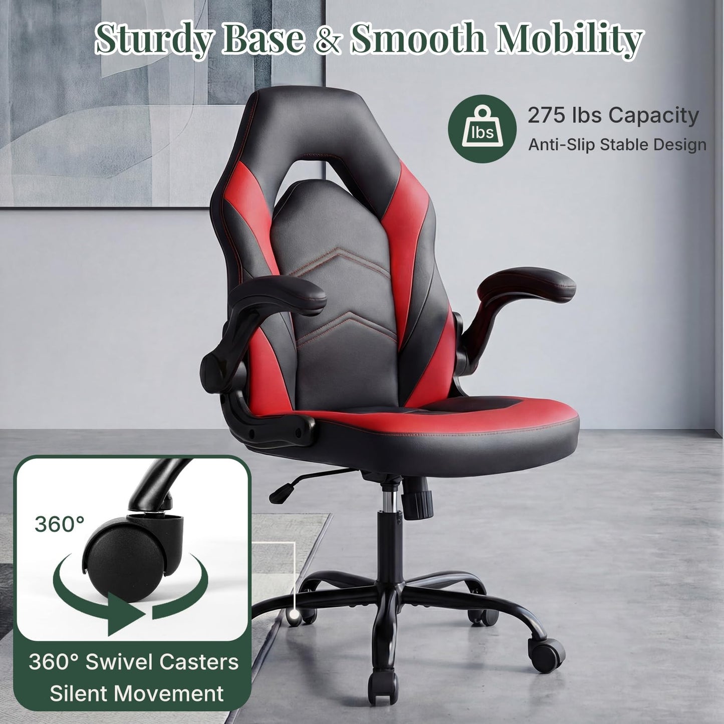 HAPPYMONT Ergonomic Computer Gaming Chair with Flip-up Armrest, Height Adjustable PU Leather Home Office Desk Chair with Lumbar Support Swivel Wheels and for Adults and Kids, Scarlet Red