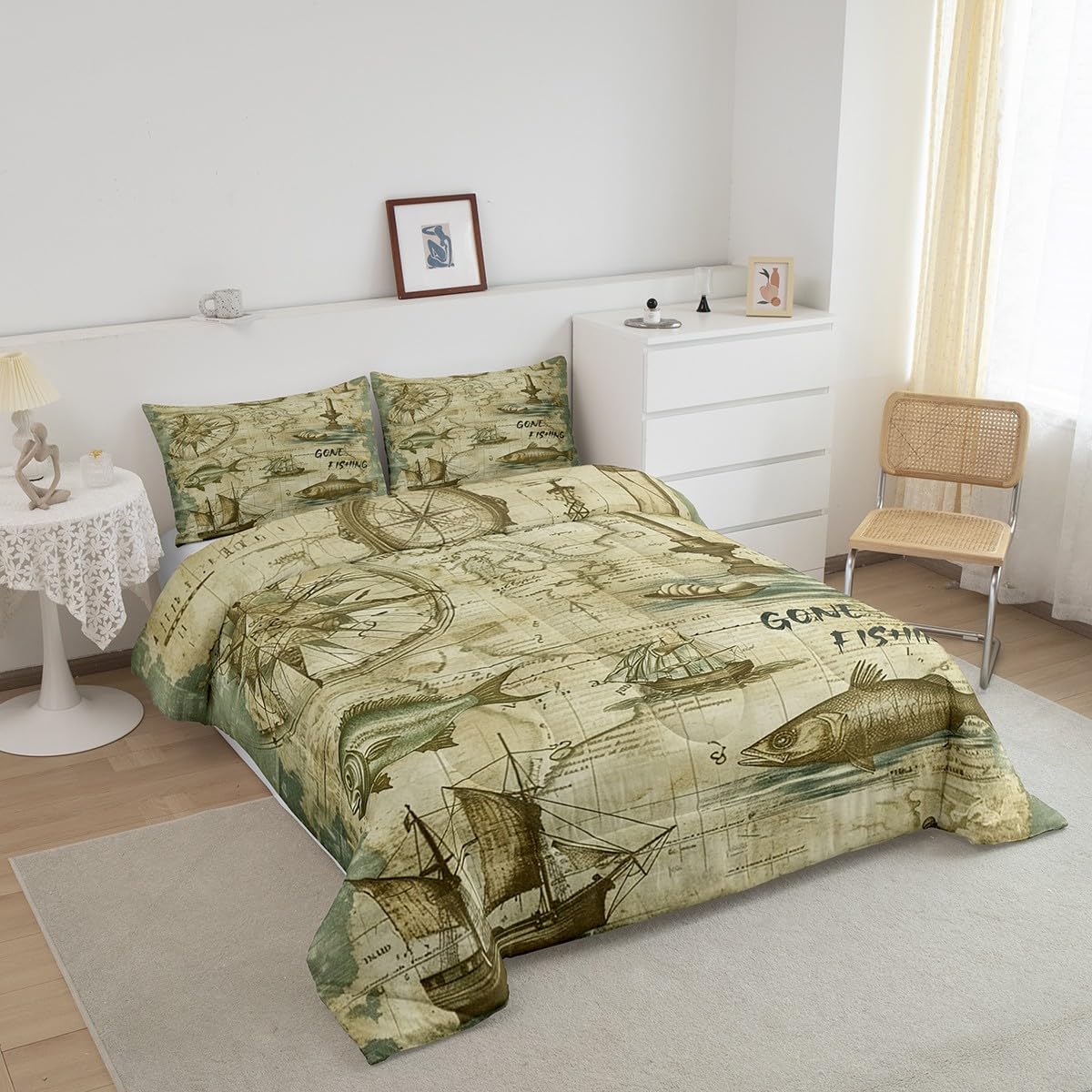 Hunt Fishing Comforter Set Queen Size,Bass Fish and Sailboat Bedding Sets for Boys Men Adult Room Decor,Retro Rustic Farmhouse Down Comforter,Lake House Fishhook Lover Quilted Duvet,2 Pillowcases