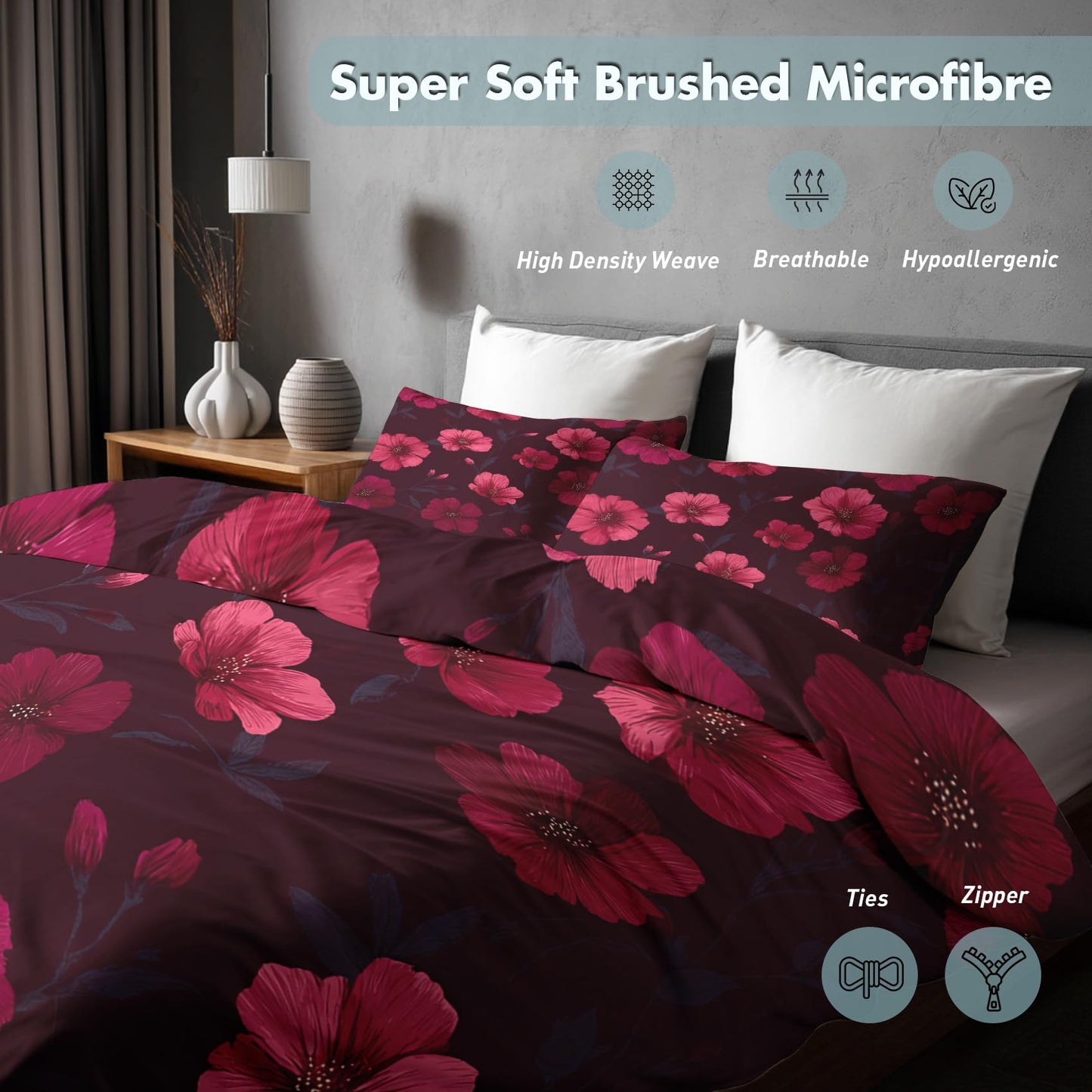 Burgundy Pink Floral Full Duvet Cover Set 3 Piece, Botanical Flower Reversible Bedding with 2 Pillow Shams, Zipper & Ties, Ultra Soft Microfiber, Floral Bedroom Decorations 79A-I