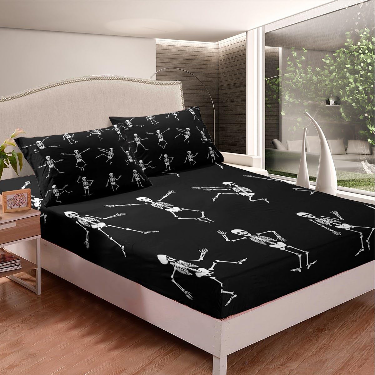 Erosebridal Sugar Skull Sheet Set Full Size Skeleton Bones Bedding Set for Kids Boys Girls Teens Adult Halloween Horror Theme Fitted Sheet Gothic Spooky Bed Sheet Wrinkle Bedclothes(No Flat Sheet)