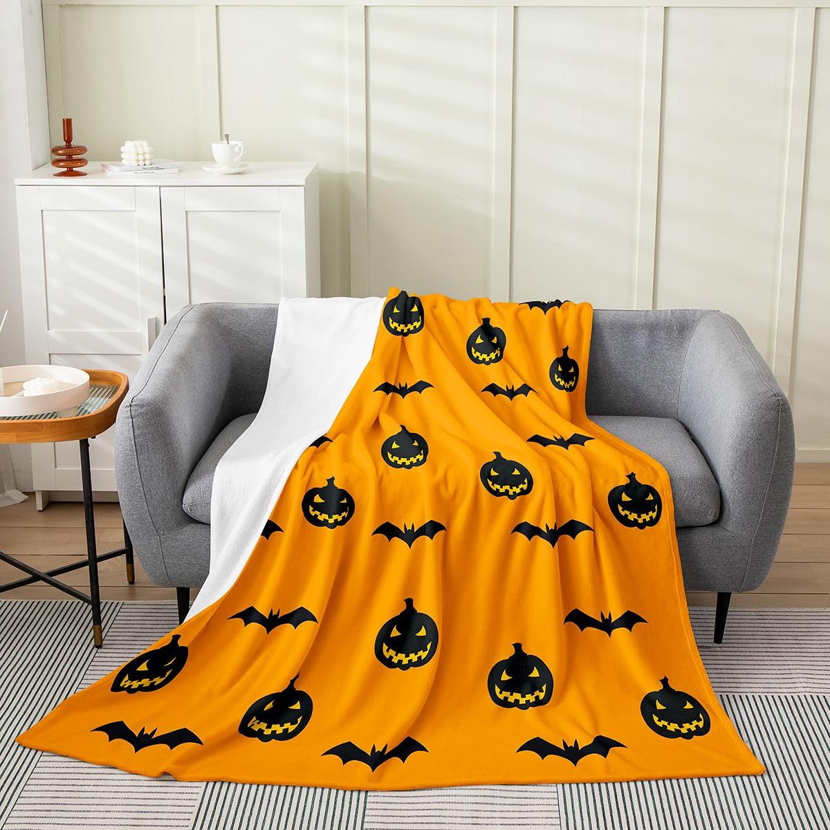 Feelyou Spooky Pumpkin Flannel Blanket Plush Fuzzy Halloween Themed Fleece Throw Blanket for Boys Girls Bat Plush Lightweight Sofa Throw Graveyard 40"x50" for Bed Couch Chair Living Room