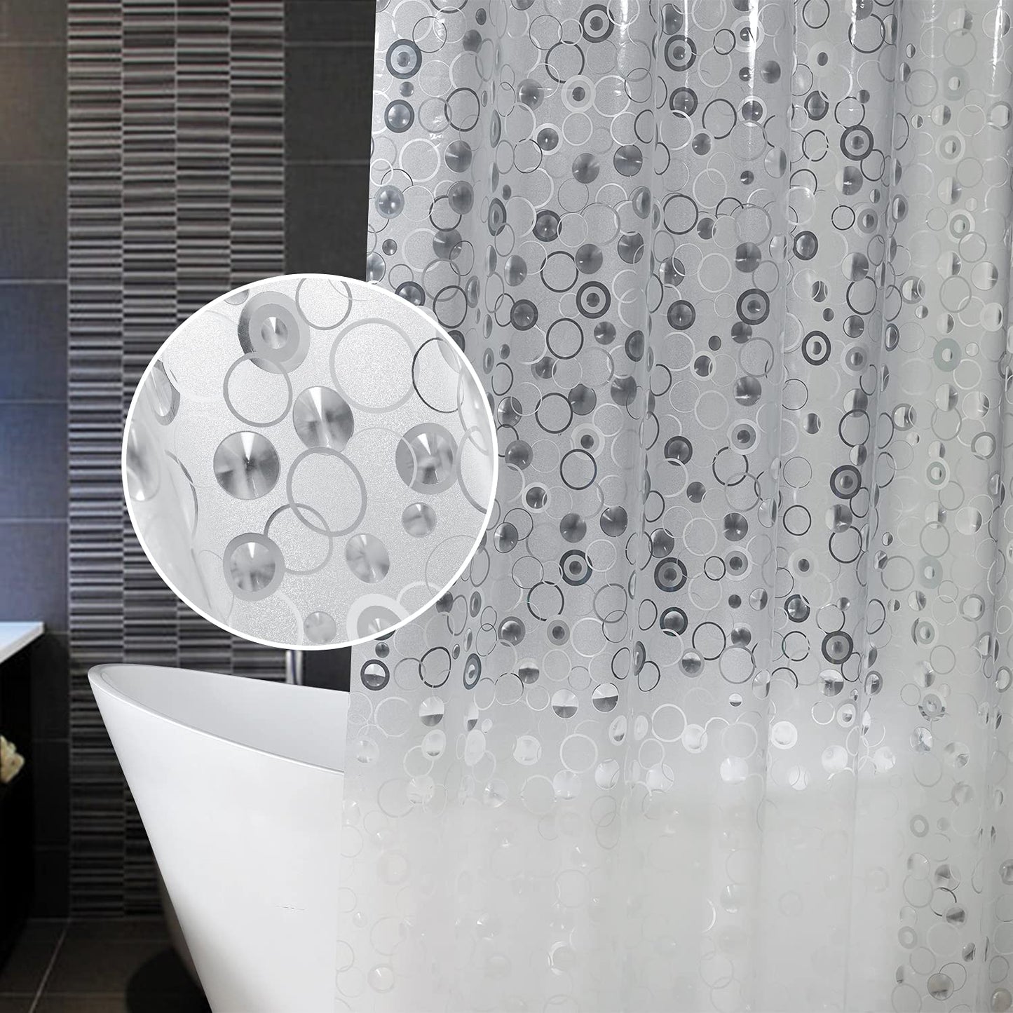 AooHome 72x75 Plastic Shower Curtain Liner - EVA 3D Circle Pattern Design Standard Bathroom Shower Curtain with Hooks, 5 Bottom Magnets, 10G Heavy Duty, Water Repellent, Semi Transparent, 72x75 Inch
