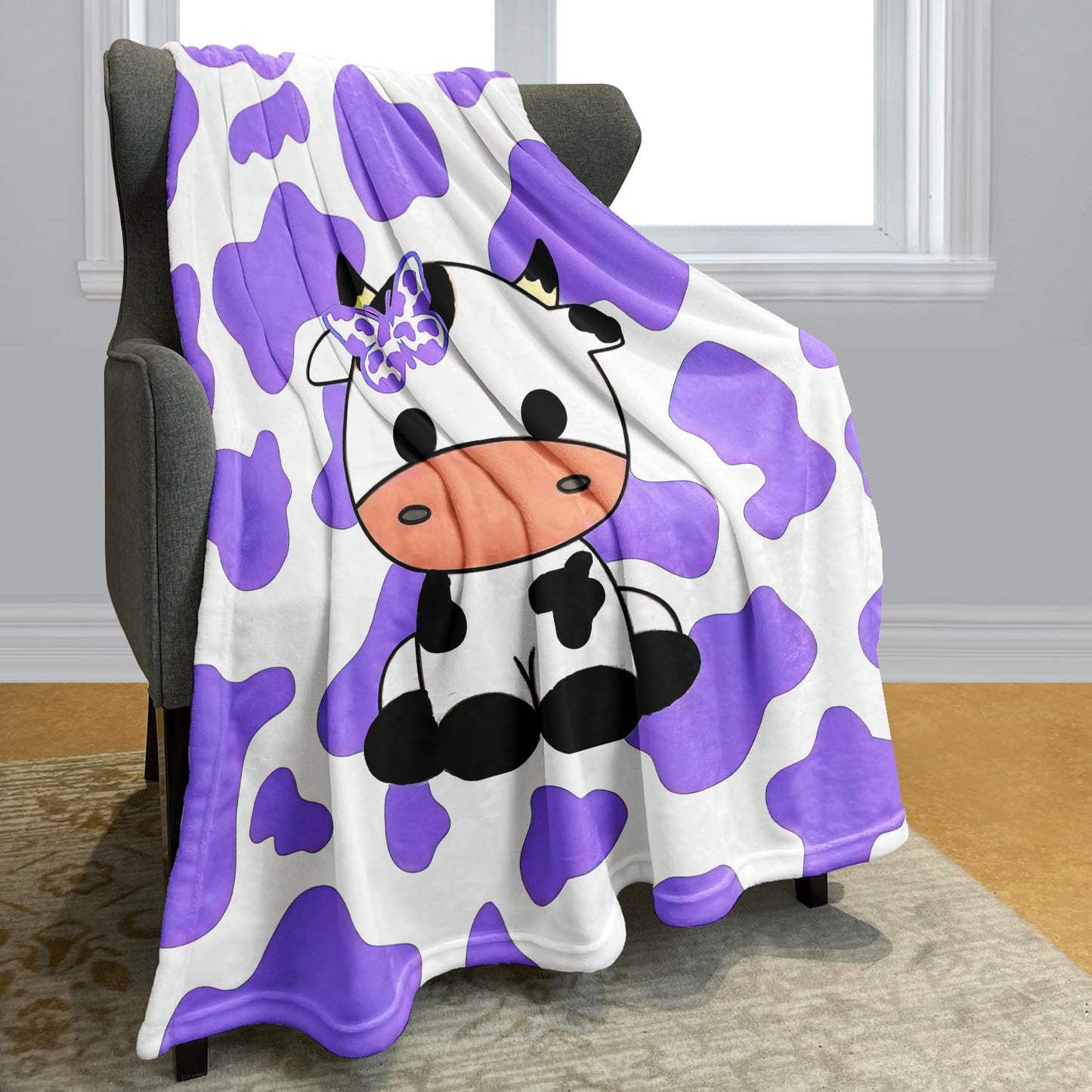 OHTMTHO Cute Cartoon Cow Throw Blanket, Soft Warm Cozy Fleece Blanket for Couch Bed, 60" x 80", Purple