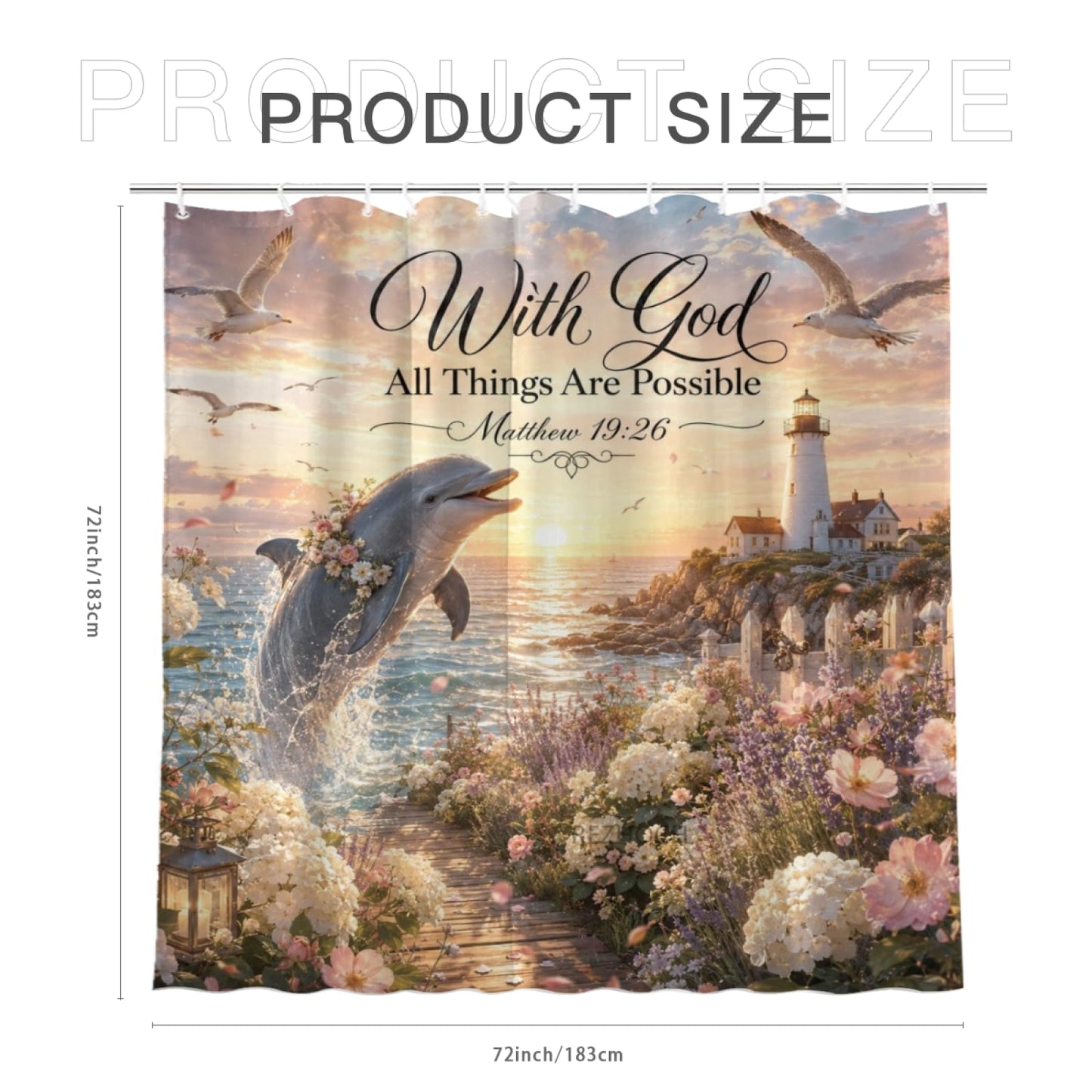REZHOCH Coastal Cute Dolphin Shower Curtain 72x72 Inch,Lighthouse Ocean Beach Bathroom Decor,with God All Things are Possible,Animal Floral Sunset Seaside Christian Bath Set
