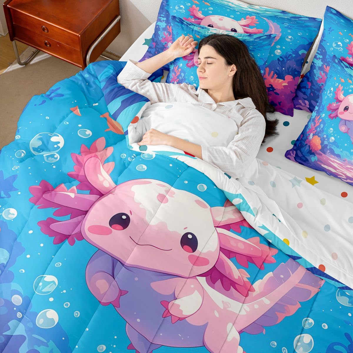 Erosebridal Axolotl Girls Pink Blue Ombre 7 Piece Bedding Set Twin | Cartoon Ocean Sealife Comforter Set with Sheets Cute Salamander Bed in A Bag Coral Kawaii Bed Sets