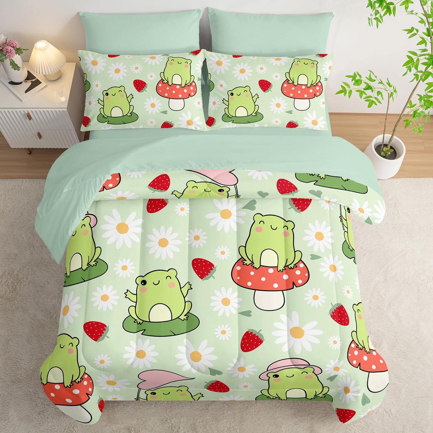AILONEN Kawaii Frog Comforter Set Full 7-Piece Bed in a Bag,Green Cute Frog Bedding Set for Kids Boys Girls,Soft Comforter & Fitted Sheet with Flat Sheet,2 Pillowcases,2 Pillow Shams