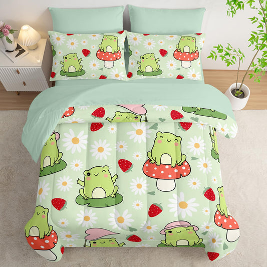 AILONEN Kawaii Frog Comforter Set Full 7-Piece Bed in a Bag,Green Cute Frog Bedding Set for Kids Boys Girls,Soft Comforter & Fitted Sheet with Flat Sheet,2 Pillowcases,2 Pillow Shams