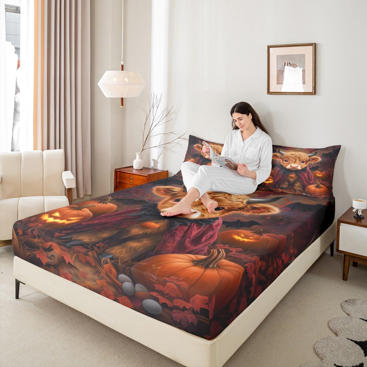 Erosebridal Cow Bed Set Farm Animal Bed Sheets Set Autumn Harvest Pumpkin Flat Fitted Sheet for Kids Adults Men Women, Halloween Orange Bedding Sets for Bedroom Decor Full with 2 Pillow Cases