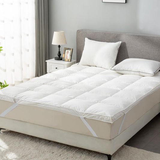 ROSE FEATHER Goose Down Feather Mattress Topper, RV King Down Mattress Protector Cover with Straps, Plush Soft Fluffy Baffled Pillowtop Featherbed Cooling Pad All-Season Luxury (72x80 Inch)