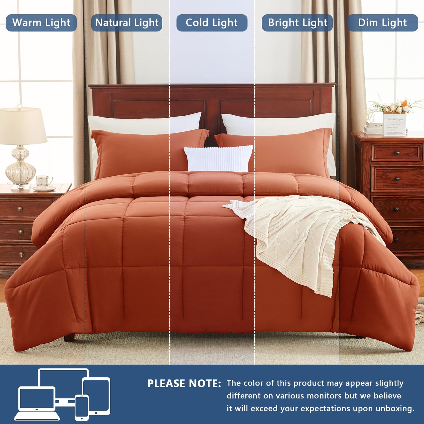 CozyLux Queen Comforter Set - 270GSM Terracotta Bedding Sets for All Seasons, 3 Pieces Box Stitched Bed Set with 1 Down Alternative Comforter and 2 Pillow Shams, Soft, Lightweight, Breathable