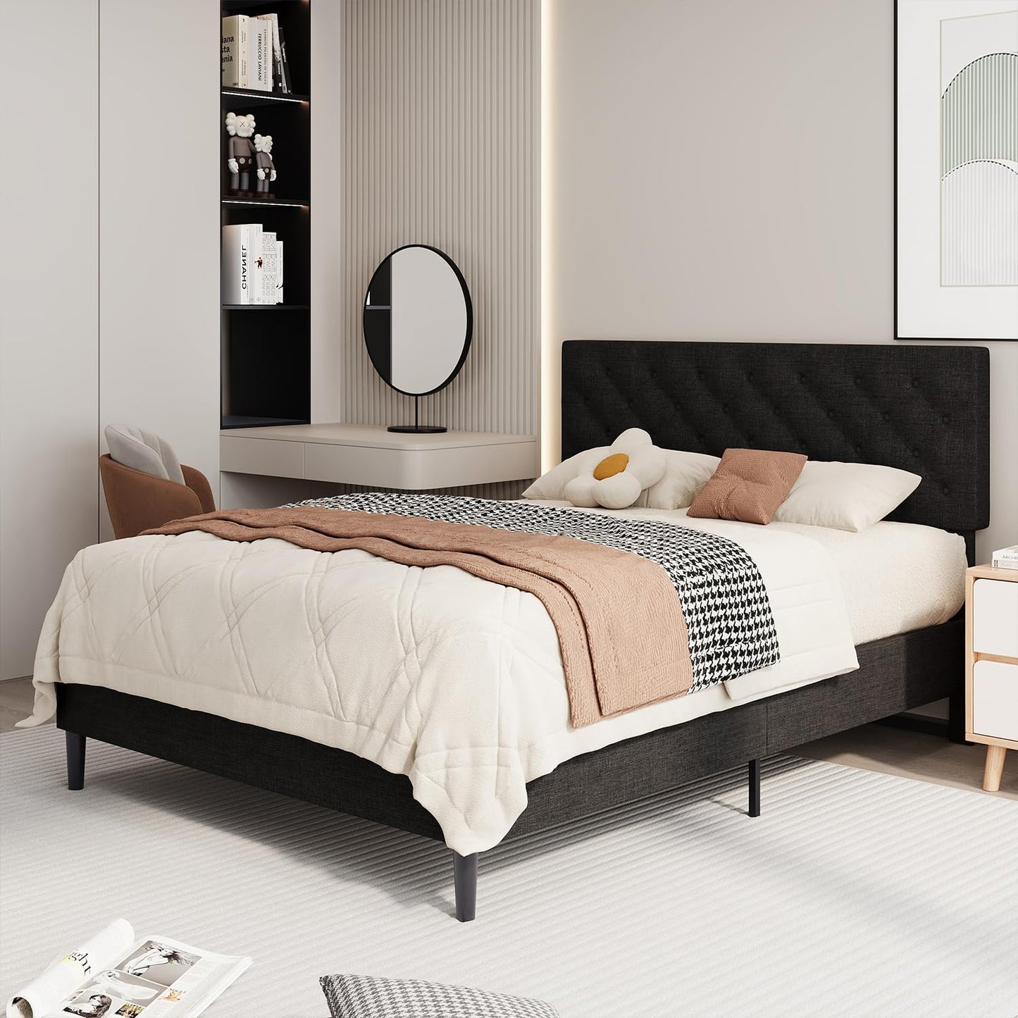 BarnFurin Queen Bed Frame, Upholstered Platform Bed with Button Tufted Headboard, Fabric Bed Frame with Wooden Slats Support, No Box Spring Required, Easy Assembly, Black