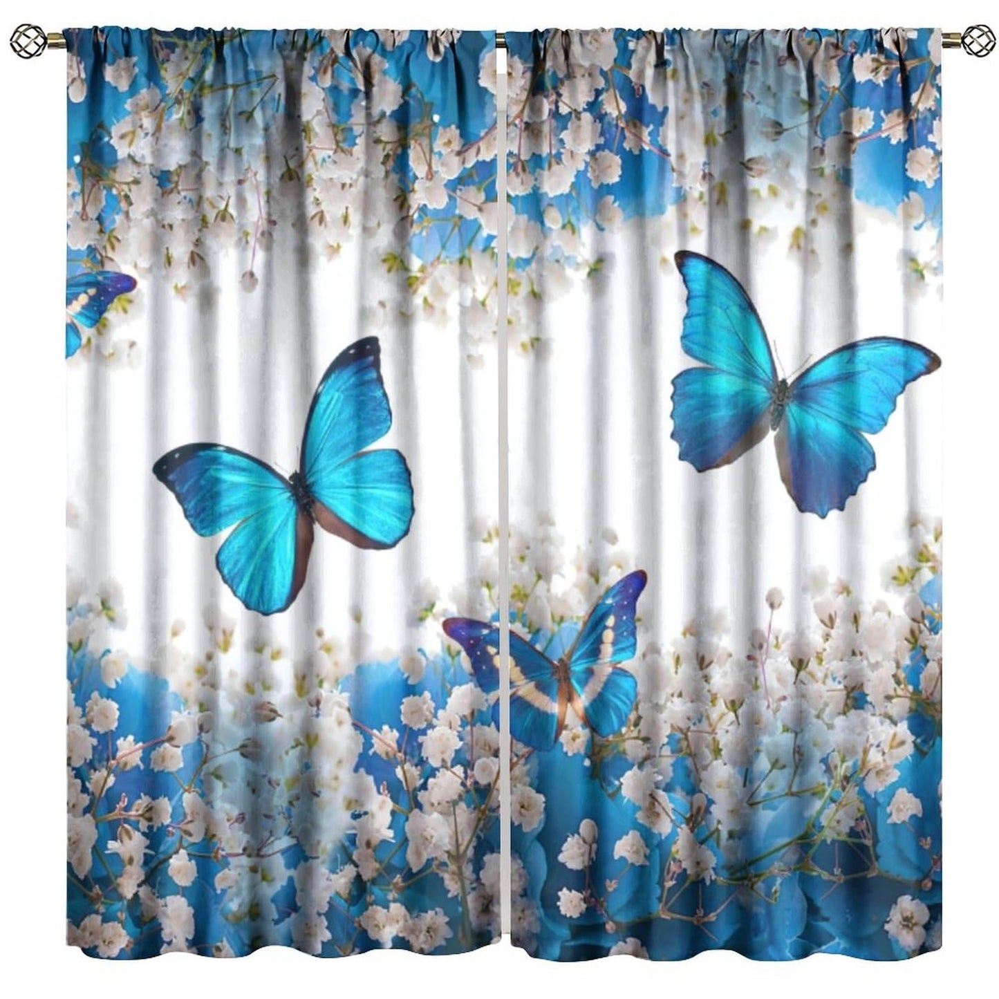 PHTAYOT Butterfly Curtains, Blue Floral Spring Rustic Farmhouse Butterfly Print for Kids Girl Boy Room Window Decor, Rod Pocket Drapes for Living Room Bedroom Kitchen 2 Panel Set 20.5" W X 45" L