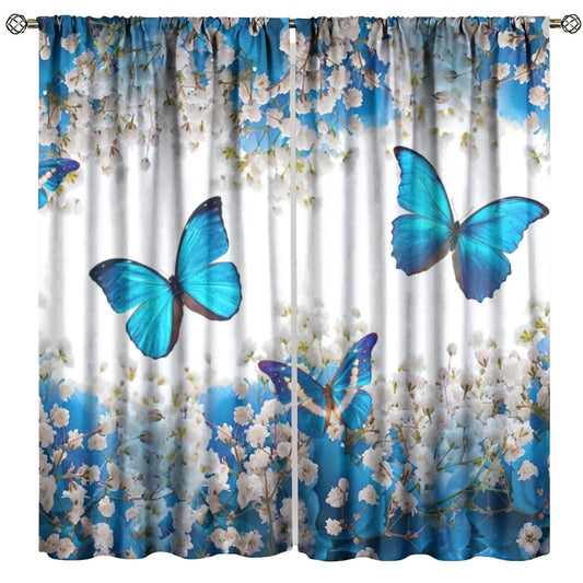 PHTAYOT Butterfly Curtains, Blue Floral Spring Rustic Farmhouse Butterfly Print for Kids Girl Boy Room Window Decor, Rod Pocket Drapes for Living Room Bedroom Kitchen 2 Panel Set 20.5" W X 45" L